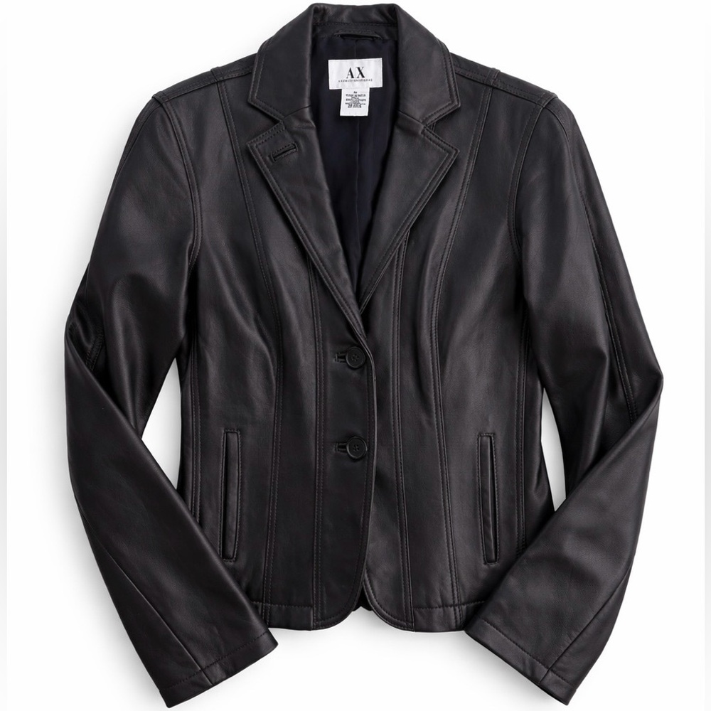 Armani Exchange Black Leather Jacket Fitted Blazer Moto Style Women’s Size S